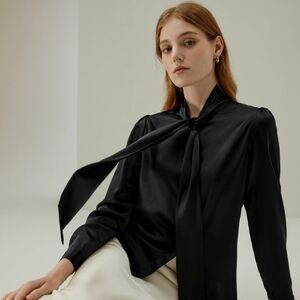 Lily Silk XXL Rare Elegant Black Silk Women's Tie Neck Blouse